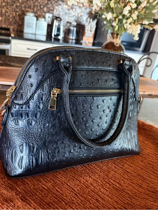 Adrienne Vittadini Embossed Satchel Handbag – Black Ostrich Croc Texture - Picture 7 of 8